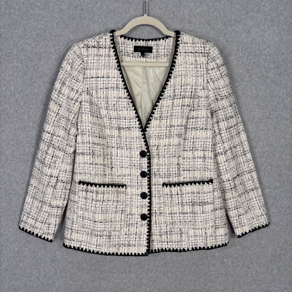 Talbots Tipped Tweed Blazer Size 6 Cream Crest Buttons Old Money Retro Glam Chic